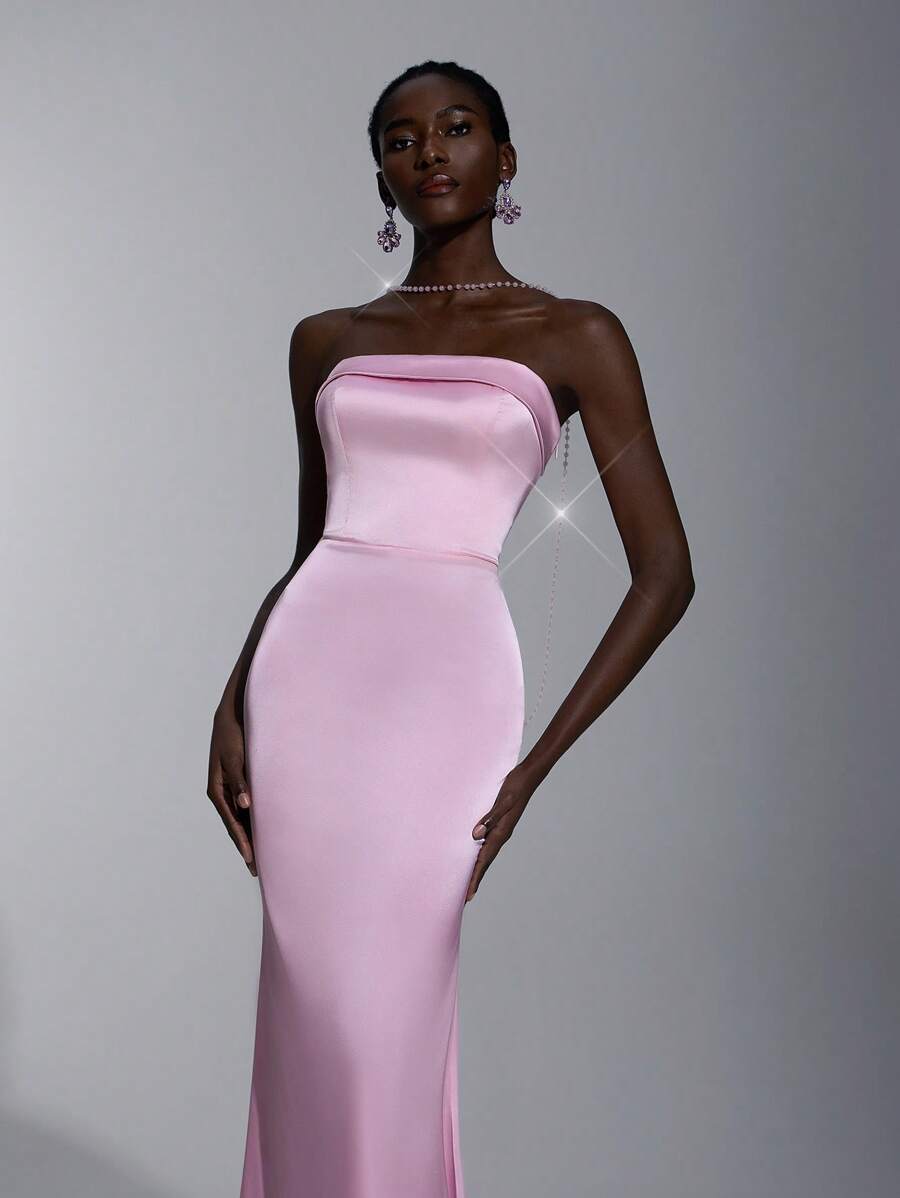 SHEIN Belle Blush Pink Spring Elegant Formal Party Wedding Bridesmaid Dress,Strapless Rhinestone Chain Decor Open Back Bodycon Fishtail Silhouette - Baby Pink - View 1
