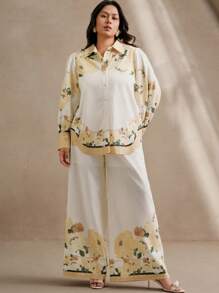 Anewsta Conjunto de 2 piezas de camisa y pantalones con estampado floral tejido para mujeres, elegante para primavera/verano y vacaciones románticas