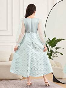SHEIN TEENGIRL Sparkly Diamond-Patterned Lantern Sleeve Puff Princess Dress