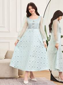 SHEIN TEENGIRL Sparkly Diamond-Patterned Lantern Sleeve Puff Princess Dress