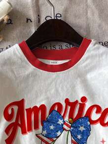 SHEIN Leap Crew Independence Day Teens Girls Casual Minimalist Knit Oversized T-Shirt With American Flag, Bow And Cherry Print, Suitable For Summer - Multicolor - View 3