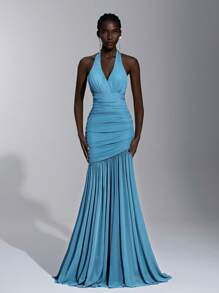 Elitara 优雅的绿松石蓝色领结垂坠式胸围荷叶边网眼鱼尾下摆连衣裙，适合约会、度假、婚礼活动、伴娘 - 水鴨藍 - 查看 1