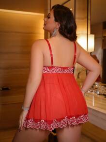 Seduluxe 2pcs Set: Classic Sexy Lace Patchwork Fishnet Dress + G-String - Red - View 2