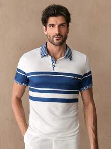 Manfinity ModaGents Camisa polo de manga corta raglán de ajuste ceñido con estampado de patrón a rayas para hombre