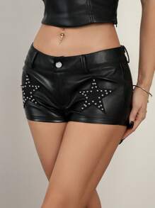 SHEIN ICON Y2K Women's Black Star Rivet PU Leather Sexy Hot Pants,Low Rise Shorts - Black - View 3