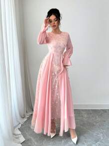 Modelyn Mesh Embroidered Patchwork Chiffon Flare Sleeve Dress For Women Fall Cloth For Women - Pink - View 6