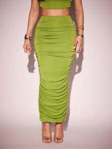 Vixey Slinky Knit Ruched Side Detail Maxi Bodycon Skirt, Summer Outfits For Women - Green - View 3