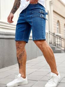 Manfinity Homme 男式深蓝色水洗牛仔弹力紧身街头风格短裤 - 深色水洗藍 - 查看 6