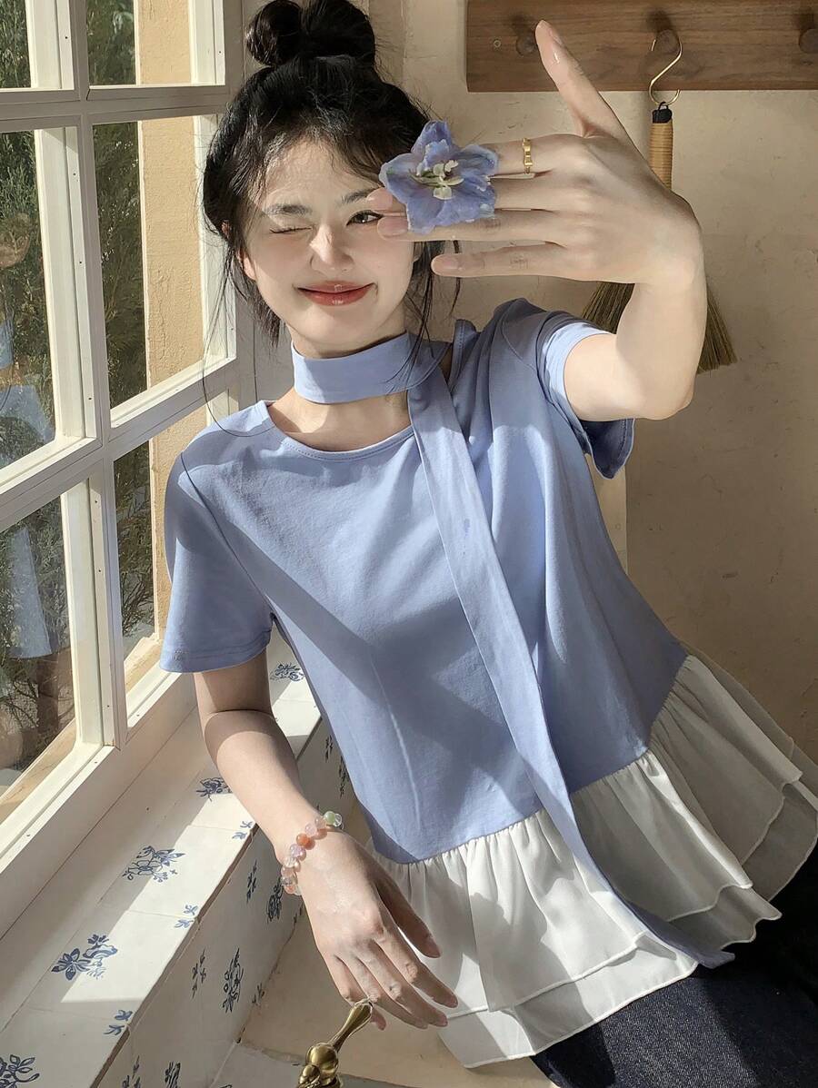 DAZY Women Summer Casual Elegant Ruffled Hem Tie-Neck Short Sleeve Top - Blue - View 1