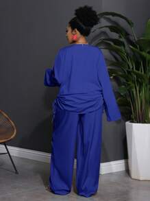 Slaydiva 2pcs/Set Plus Size Western Wear Casual Solid Notched Neck Long Sleeve Top And Pants Set Fall - Blue - View 3