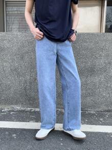 SHEIN Teen Boy Casual Fashion Snow Texture Elastic Waistband Loose Straight Leg Jeans For Teen Boy Clothes Boys Soft Dailywear And Teen Boy Summer And Spring Clothes - Blue - View 4