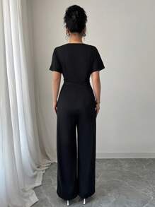 Elenzga 女士撞色重叠V领短袖优雅阔腿连体裤