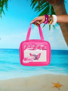 Winx Club X ROMWE 3pcs Set, Butterfly & Letter Print Cute Cosmetic Pouch, Other Storage Bag - Hot Pink - View 10