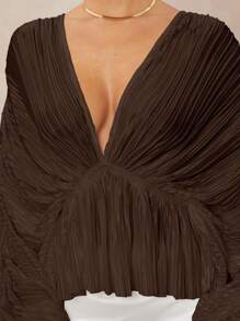 Lumalex 女式宽松深V领超大荷叶边下摆衬衫 - 巧克力棕 - 查看 3