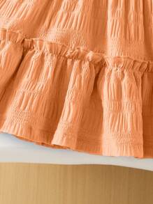 SHEIN Babygirl Summer Light Blue Sweet Bow Embroidered Cake Dress, With Little Flutter Sleeves And Ruffled Collar Design, A Perfect Blend Of Elegance And Cuteness. The Bow Embroidery On The Chest Adds A Touch Of Playfulness. Ideal For Sunny Summer Outings, Perfect For Lounging At Home, And Attending Family And Friends' Parties, Making It The Ultimate Choice For Various Occasions. - Orange - View 3