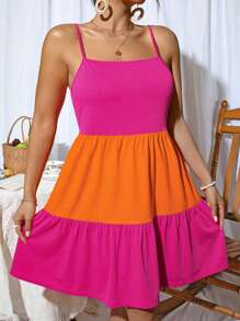 SHEIN VCAY Plus Size Women Vacation Color Contrast Ruffle Hem Casual Spaghetti Strap Dress - Hot Pink - View 7