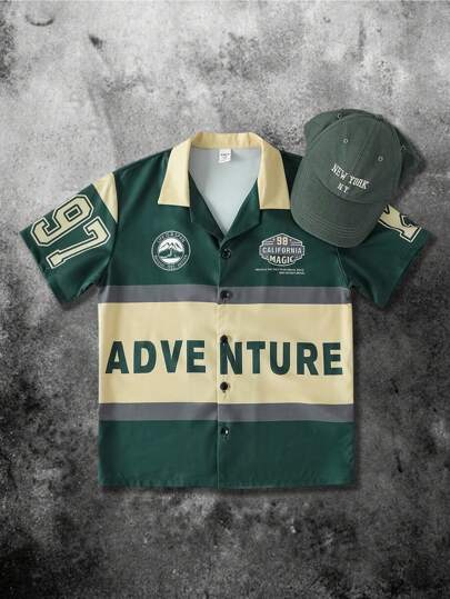 SHEIN 青少年男童休闲百搭舒适字母印花图案翻领前开襟宽松短袖梭织衬衫