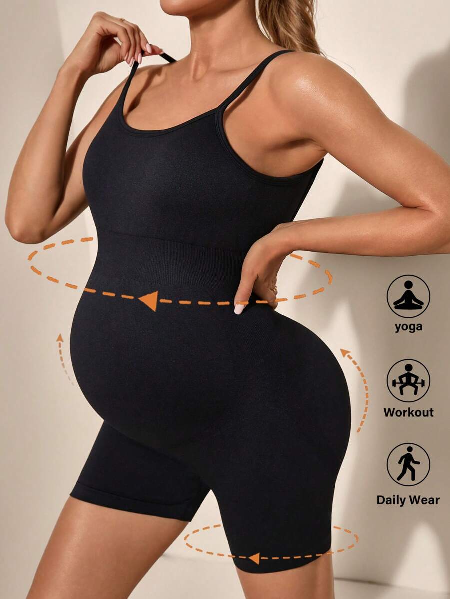 SHEIN 1 Set Backless Strap Fitted Maternity Activewear Yoga Jumpsuit Super High Rise Belly Support Maternity Leggings High-Stretchy Gym Shorts,Word Cup - Black - View 1