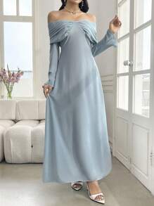 Modelyn Elegantes, schlichtes langärmliges Maxikleid mit Schulterausschnitt für Damen Einfarbig - Blau - Übersicht 4