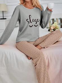 EURMUSE 100% Cotton 2Pcs Eye&Heart Printed PJ Set - Light Grey - View 4