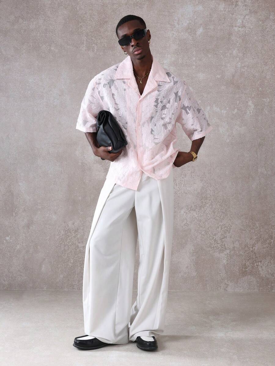 Áo sơ mi khu nghỉ dưỡng cổ Organza Burnout Luxury vừa vặn với kỳ nghỉ hè, tiệc bãi biển, phòng chờ, thiết kế cài nút tay ngắn - Màu Hồng  San hô - Xem 1