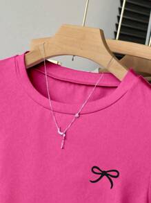 Teen Girl Casual & Versatile Minimalist Front Bow Print Short Sleeve T-Shirt