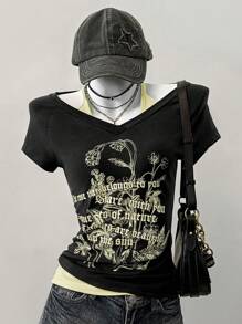 SHEIN EZwear Summer Graphic Tees Western Wear Women Black And Yellow Splicing - Black - View 3
