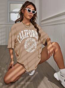 Chiquease 女士夏季宽松休闲字母印花 T 恤，圆领落肩袖图案 T 恤女上衣