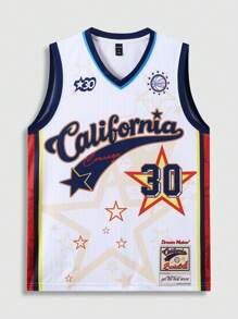 ROMWE MEN Prep Men's Basketball Street Print Sleeveless Tank Top, Suitable For Everyday Wear In Spring/Summer - Apricot - View 1