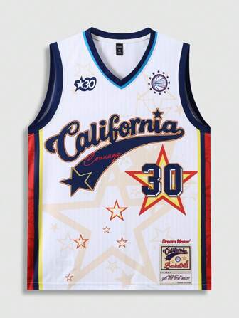 Prep Camiseta de tirantes con estampado de baloncesto para hombres, apta para uso diario en primavera/verano