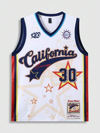 Prep Camiseta de tirantes con estampado de baloncesto para hombres, apta para uso diario en primavera/verano