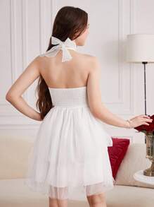 Elegant White Halter Neck Mesh Overlay Dress For Teens