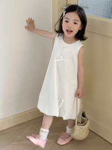 DAZY Young Girl Round Neck Casual Bowknot Butterfly Charming Mid-Length Solid Color Dress, Girls Summer Outfits - White - View 5