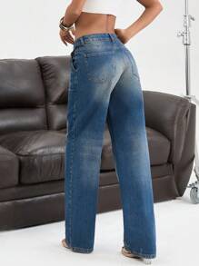 EURMUSE Low Waist Elegant Style Straight Jean - Medium Wash - View 2