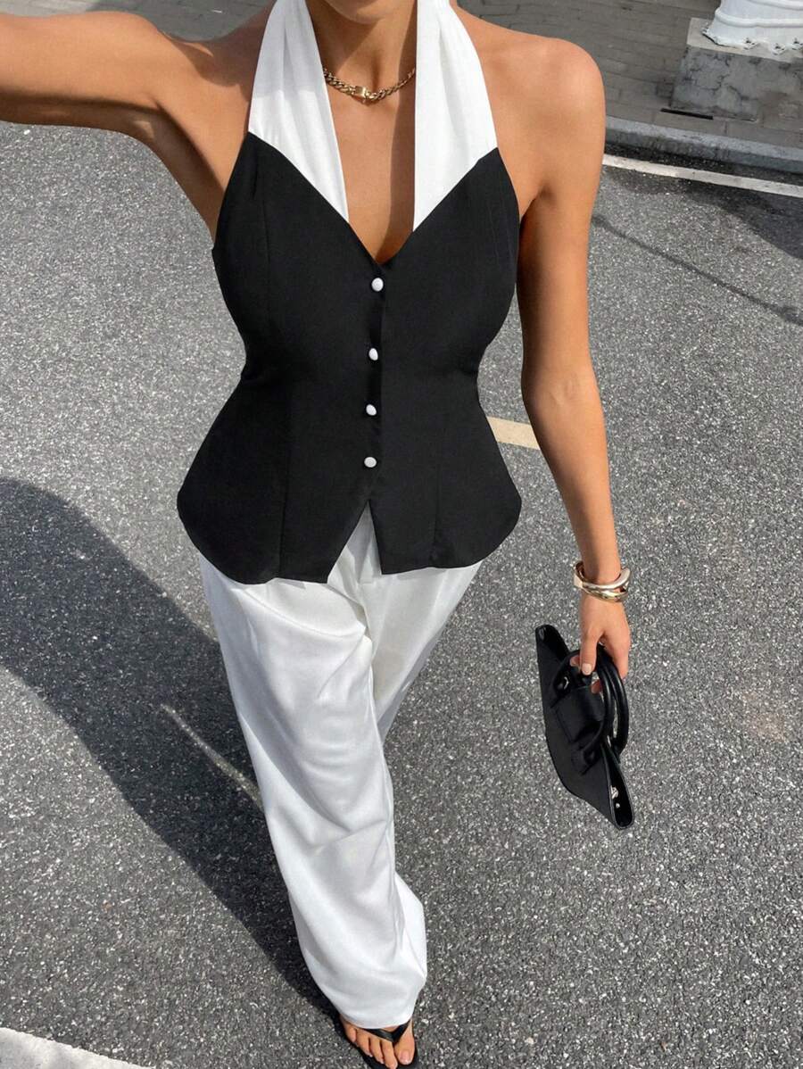 Siren Gaze 女士优雅通勤黑白吊带衬衫，适合夏季、母亲节 - 黑與白 - 查看 1