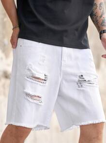 Manfinity LEGND Herren einfarbige Distressed Taschen Lässige Loose Fit Denim-Shorts - Weiss - Übersicht 6