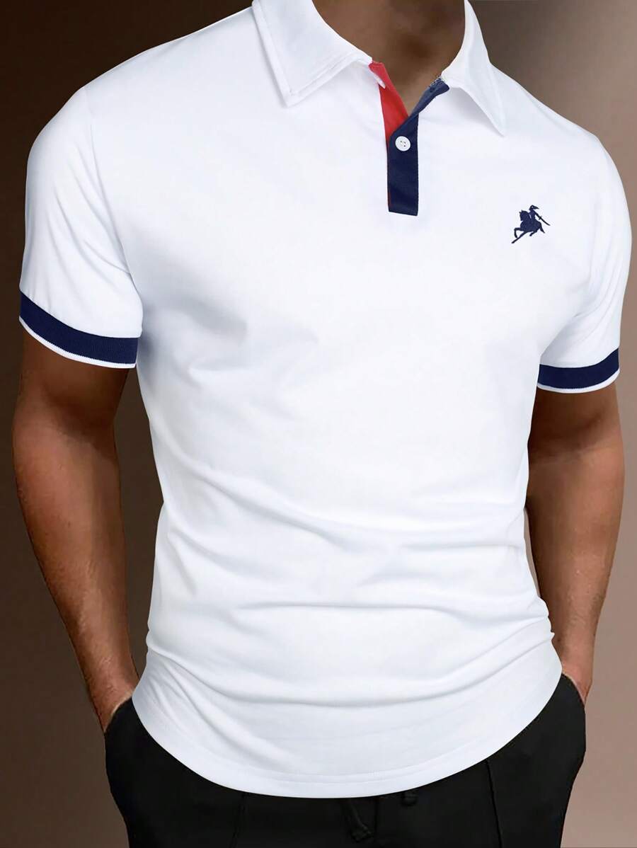 Manfinity Homme Men Contrast Trim Half Button Collar Color Block Golf Business Casual Polo Shirt For Husband - White - View 1