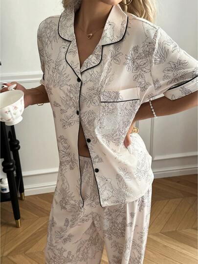 Bloemen Tree Rabbit Print Short Sleeve Pants Collar Pajama Set Cozy Elegante