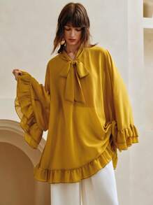 Aveloria Women Chiffon Ruffle Hem V-Neck Bowknot Fashionable Commuter Elegant Solid Color Long Loose Blouse,Summer Tops,Long Sleeve Top,Festival,Country Concert,Bohemia,Boho - Mustard Yellow - View 4