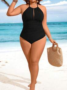 SHEIN Swim 大码纯色纹理面料露背吊带连体泳衣 - 黑色 - 查看 6