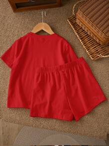 SHEIN Leap Crew Tween Girl Casual Minimal Bow Printed Short Sleeve T-Shirt And Shorts 2 Pieces Set, Suitable For Summer - Red - View 2