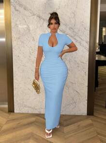 SHEIN SXY Women Deep V-Neck Ruched Short Sleeve Bodycon Mini Dress