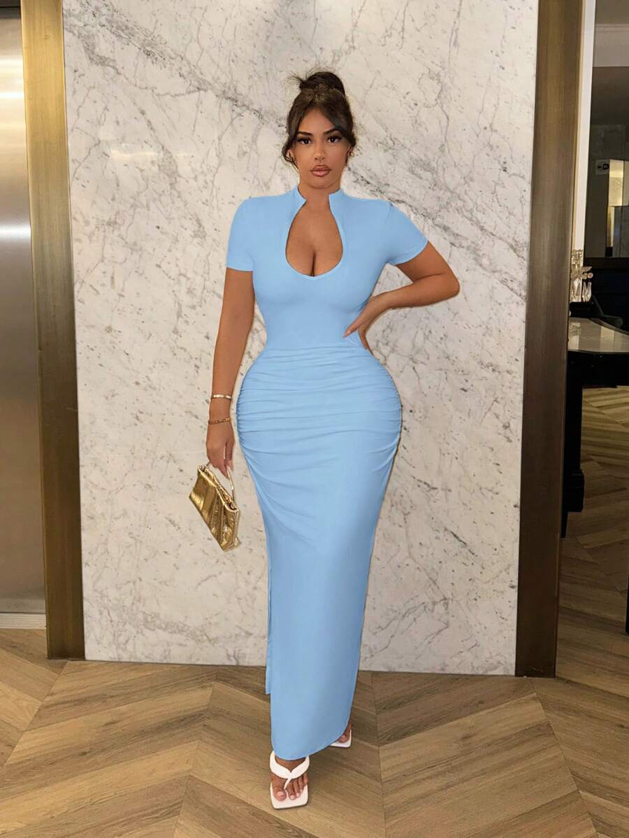 SHEIN SXY Women Deep V-Neck Ruched Short Sleeve Bodycon Mini Dress