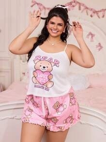 SweetSlumber Plus Size 2pcs Set Cute Cartoon Bear Heart Print Pajamas