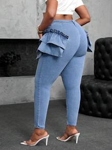 Plus Size Women's Stretch Ruffled Denim Jeans, Skinny Fit Light Blue Jeans  Autumn Outfits For Women Festival Outfits SHEIN SXY Plus Size Women Elastic Denim Jeans With Ruffle Hem Design Women Autumn Outfits Autumn Outfits For Women - Light Wash - View 2