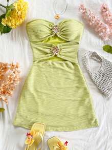 Soleia Vacation Sleeveless Hollow-Out Patchwork Metal Buckle Textured Fabric Fitted Mini Dress, Suitable For Vacation, Music Festival, Bohemian, Holiday Date, Afternoon Tea,Summer Dresses For Women - Mustard Yellow - View 7