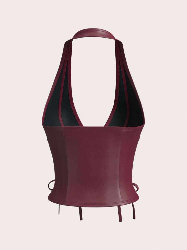 SHEIN X YERIMUA SHEIN ICON Parte superior sin hombros de cuello en V de color borgoña con decoración de ojetes y nudo para salir, de color liso y estilo casual de mujer, de PU - Burdeos - Añade 9