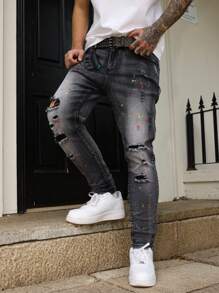 Manfinity LEGND Men's Distressed Relaxed Fit Tapered Leg Jeans - Grey - View 5