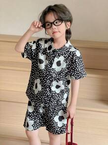 SHEIN 2pcs Boy's Allover Print Woven Shirt With Open Chest Design + Loose Shorts Set