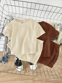 SHEIN 4件套男女通用婴儿纯色圆领插肩袖套头衫和休闲短裤 - 彩色 - 查看 5